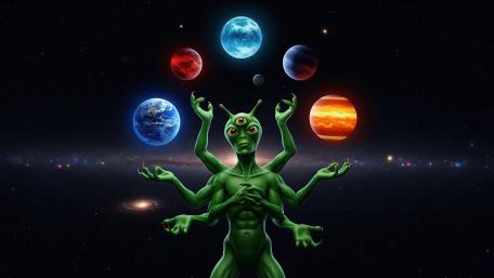 Alien Juggling Cosmic Wonders in Space wallpaper