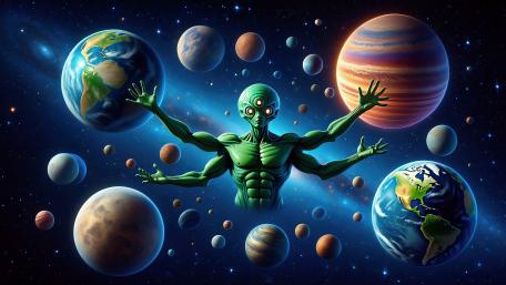 Three-Eyed Alien Juggles Planets in Space wallpaper