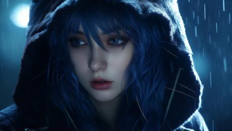 Rainy Night Reflections: Blue-Haired Melancholy wallpaper
