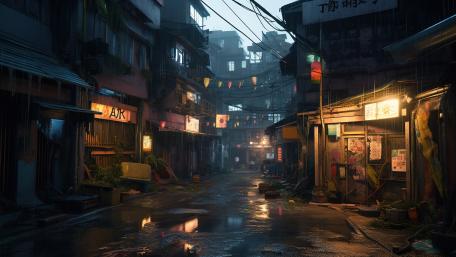 Rainy Alley Serenity in a Futuristic Cityscape wallpaper