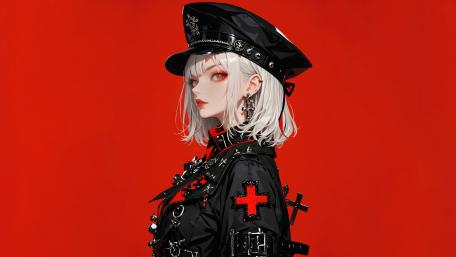 Red-Eyed Enigma in Scarlet Elegance wallpaper