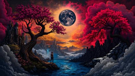 Moonlit Fantasy Landscape with Enchanted Trees wallpaper
