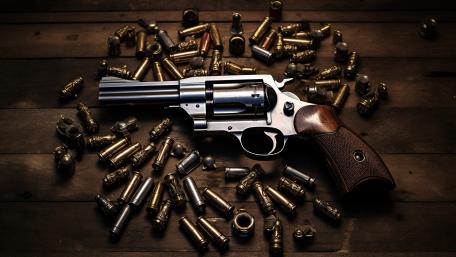 Revolver and Casings on Wooden Background wallpaper