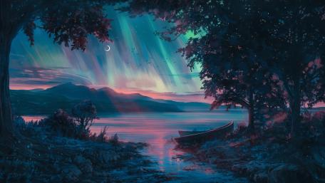 Dusk Serenity Anime Wallpaper with Aurora over Lake wallpaper