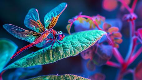 Bright Dragonfly in Neon Fantasy Garden wallpaper