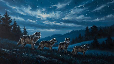 Wolf Pack Under Moonlit Sky wallpaper