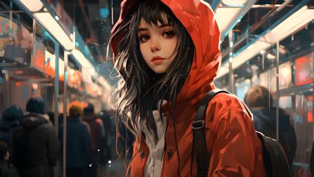Red Hoodie Reflection in a Crowded World wallpaper