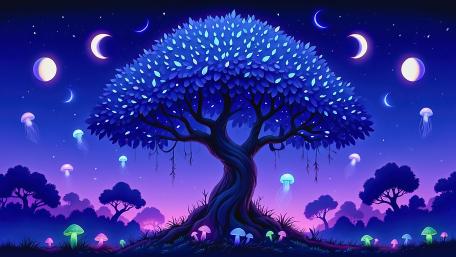 Enchanted Nocturnal Forest with Glowing Mushrooms wallpaper