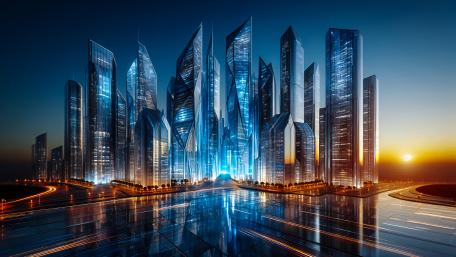 Futuristic Skyline at Dusk with AI-Enhanced Architecture wallpaper