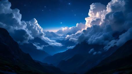 Nighttime Majesty in a Clouded Mountain Valley wallpaper
