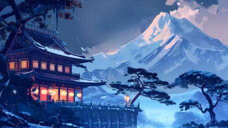 Serene Winter Evening at a Japanese Temple wallpaper