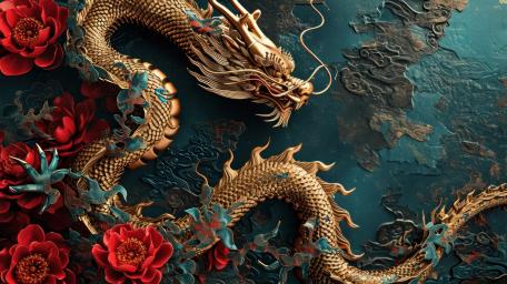Golden Dragon Amidst Blossoming Dreams wallpaper