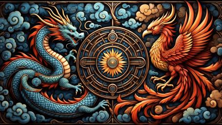 Monster Stained Glass: Mythical Beings Clash in Colorful Harmony wallpaper