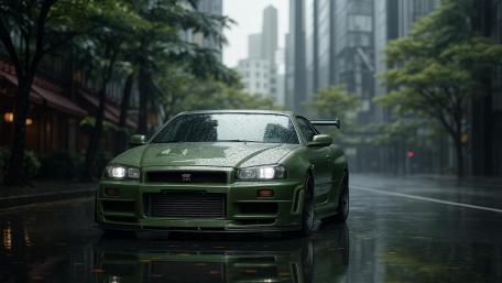 Mystical Drive Through a Rain-Drenched Cityscape wallpaper