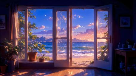 Serene Anime Seascape Beyond the Window wallpaper