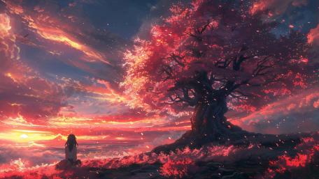 Red Sunset Reverie under Anime Skies wallpaper