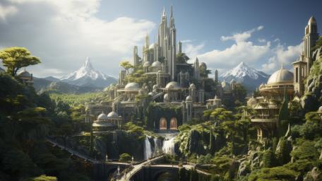 Fantasy Metropolis Under Majestic Peaks wallpaper