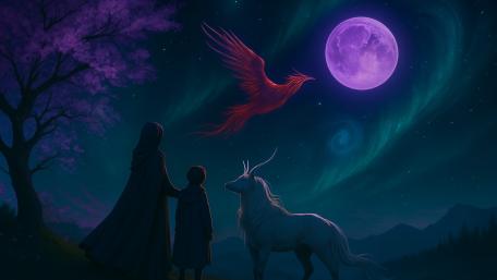 Enchanted Night with Phoenix and Unicorn wallpaper
