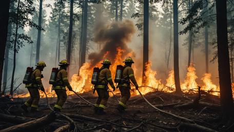 Firefighters Battling a Blazing Forest Inferno in 5K wallpaper