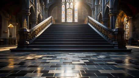 Majestic Stairs in Sunlit Cathedral wallpaper