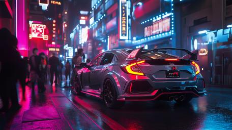 Car in Neon Night Cityscape wallpaper
