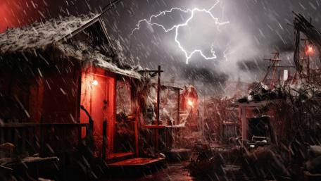 Thunderous Tempest Unleashed in Enchanted Village wallpaper