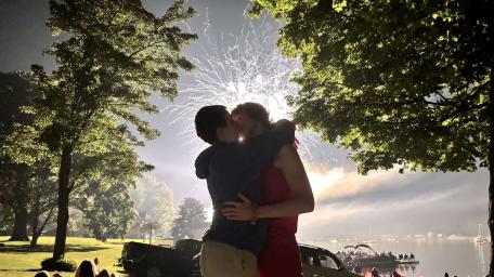 Romantic Fireworks Kiss by the Lake wallpaper