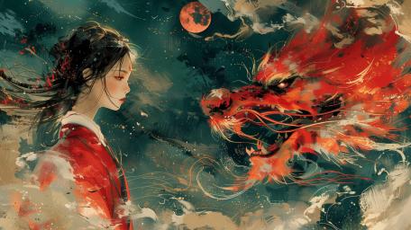 Ethereal Reunion of Amaterasu Sun Goddess and Dragon Spirit wallpaper