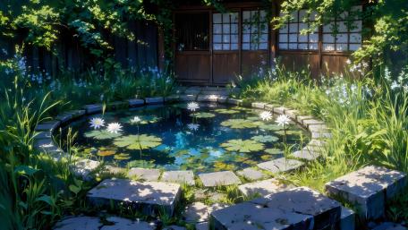 Serene Anime Garden with Pond and Water Lilies wallpaper