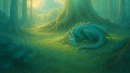 Sleeping Green Dragon in Enchanted Forest wallpaper