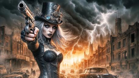 Steampunk Warrior in Apocalyptic Thunderstorm Cityscape wallpaper