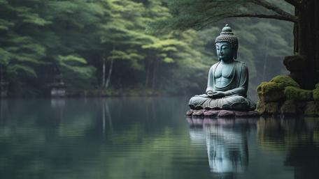 Tranquil Buddha by Serene Lake wallpaper