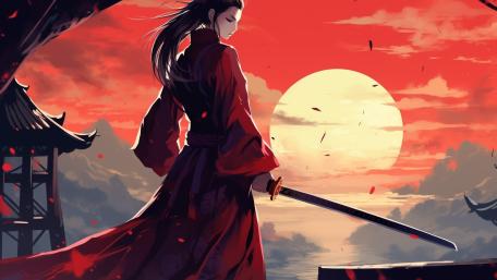 Samurai Girl at Sunset: A Warrior's Solitude wallpaper