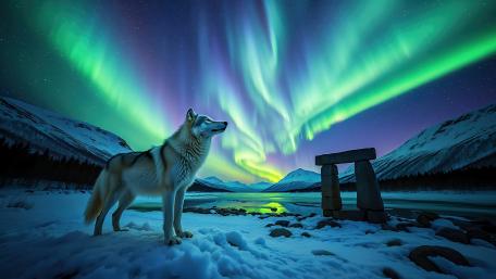 Wolf Under the Arctic Aurora wallpaper