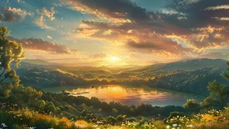 Anime Sunrise Over Tranquil Lake wallpaper