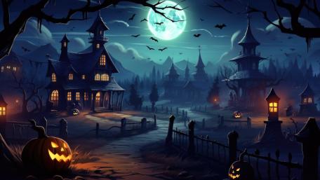 Halloween Moonlit Village with Jack-o'-Lanterns wallpaper