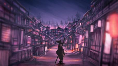 Oriental City Dreamscape with a Lone Wanderer in 5k wallpaper