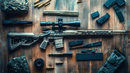 Precision Firearm Display with Tactical Gear wallpaper