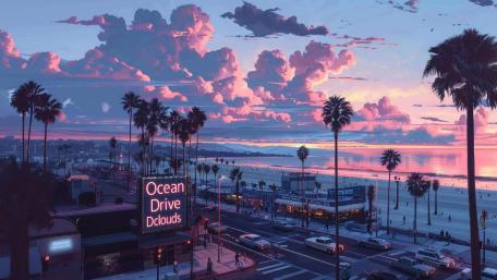 Miami Beach Anime Dreamscape at Dusk wallpaper