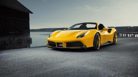 Yellow Ferrari 488: Shoreline Elegance in 4K wallpaper