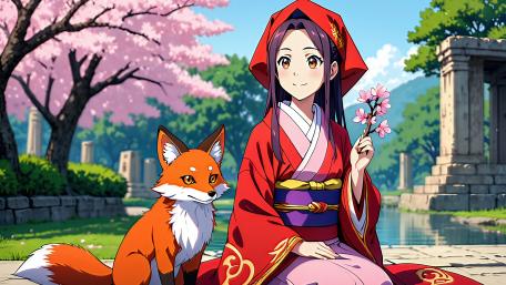 Anime Girl with Fox in Spring Blossom Garden wallpaper