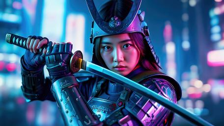 Cyberpunk Samurai Girl Illuminated by Neon Lights wallpaper