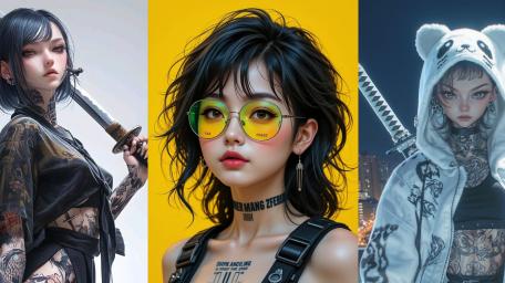 Anime Aesthetic: Tattooed Samurai Girls Collage wallpaper