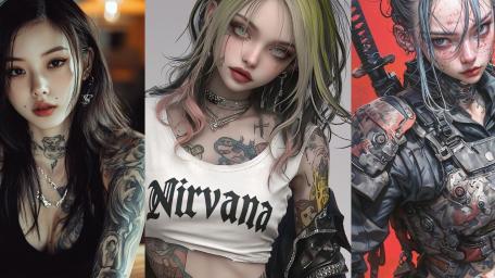 Tattooed Anime Beauties Collage in Aesthetic Style wallpaper