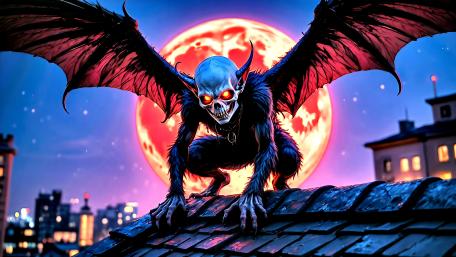 Demonic Rooftop Guardian Under Blood Moon wallpaper
