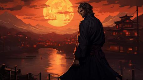 Sunset Warrior in an Oriental City wallpaper