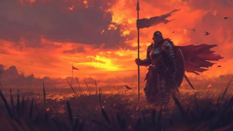 Medieval Warrior at Twilight: Enchanted Battlefield Evening wallpaper