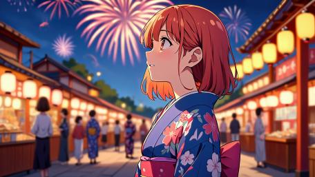 Anime Girl in Kimono Amidst Fireworks Extravaganza wallpaper