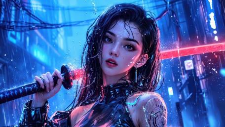 Neon Cyberpunk Warrior with Katana wallpaper