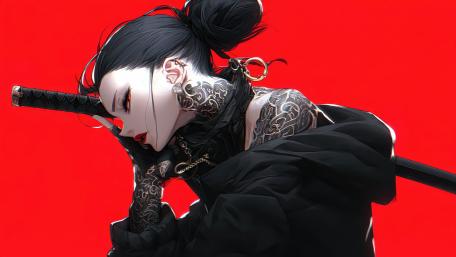 Gothic Samurai Demoness in Red and Black wallpaper